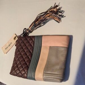 NWT! Margot Genuine Leather Quilted Neutral Colorblock Clutch Bag Brown Pink